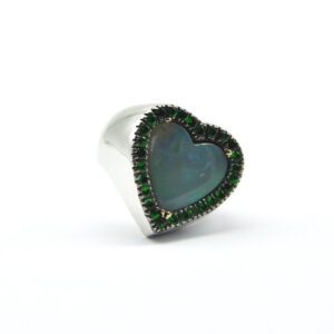 Ring with heart-shaped opal and tsavorites