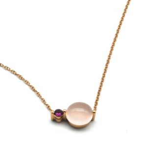 Pink gold necklace with cabochon cut pink quartz and rhodolite